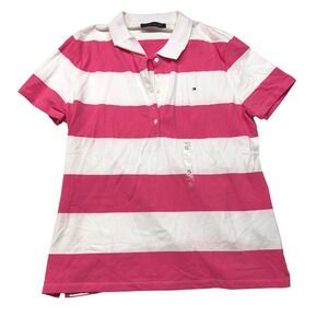 Tommy Hilfiger Women's Pink‎ White Striped Polo Shirt Cotton Blend Casual NWOT